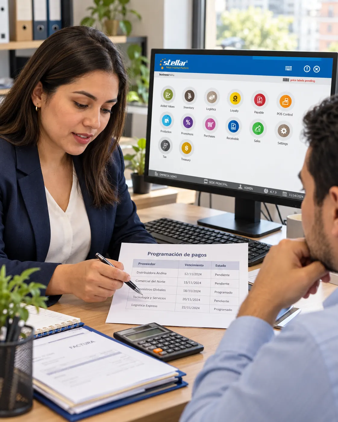 Experiencia de pagar en un equipo administrativo; escena generada