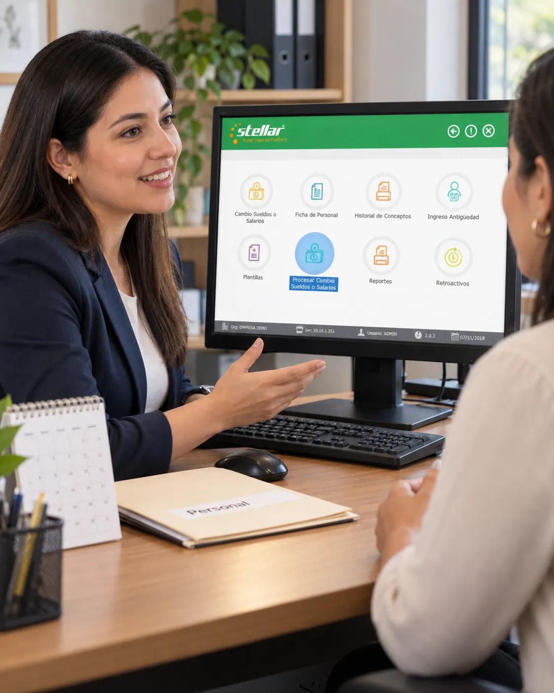 Experiencia de personas en un equipo administrativo; escena generada