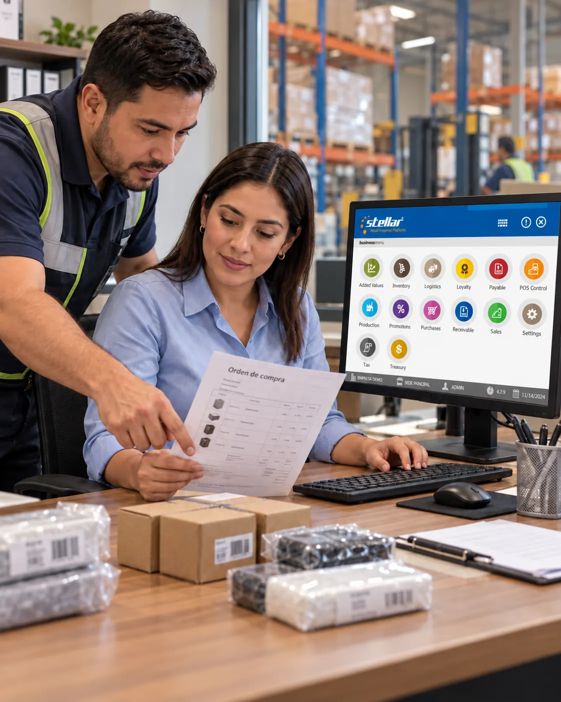 Experiencia de comprar en un equipo administrativo; escena generada