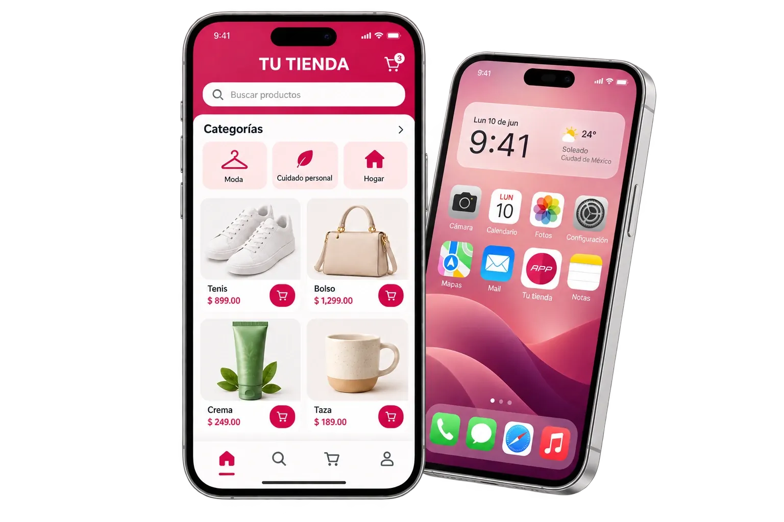 Ilustración de dos teléfonos: uno con el catálogo abierto y otro con el icono de la app en su pantalla de inicio