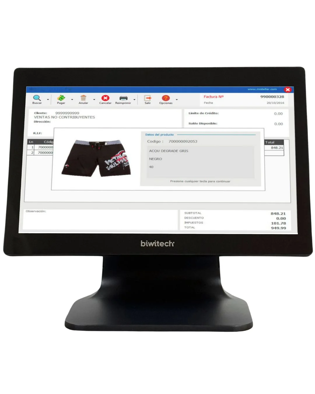 Interfaz original de Stellar BIZ en terminal Biwitech, con detalle del producto y documento de venta