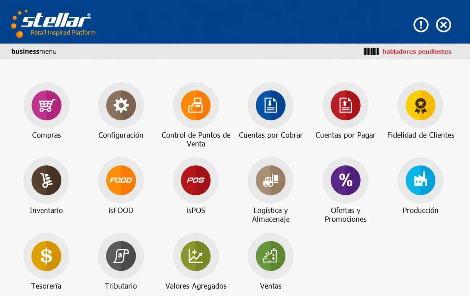Captura original del menú de Stellar BUSINESS en español con los accesos a sus módulos