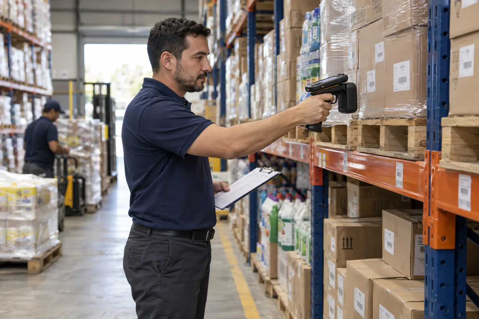 Operador usando un lector RFID en un almacén de distribución; escena generada