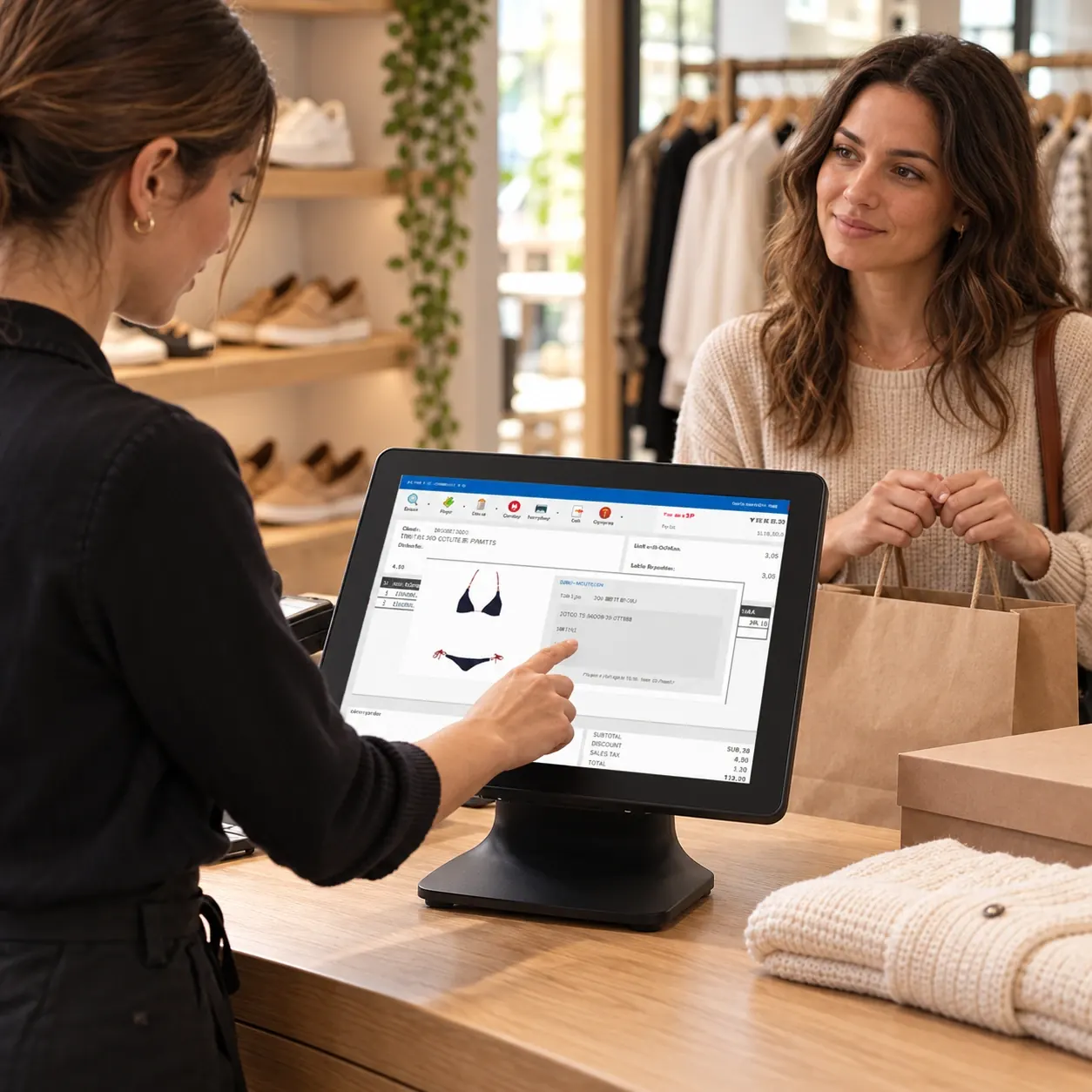 Asesora utilizando Stellar BIZ para atender a una clienta en una tienda de moda y calzado; escena generada con referencia del brochure