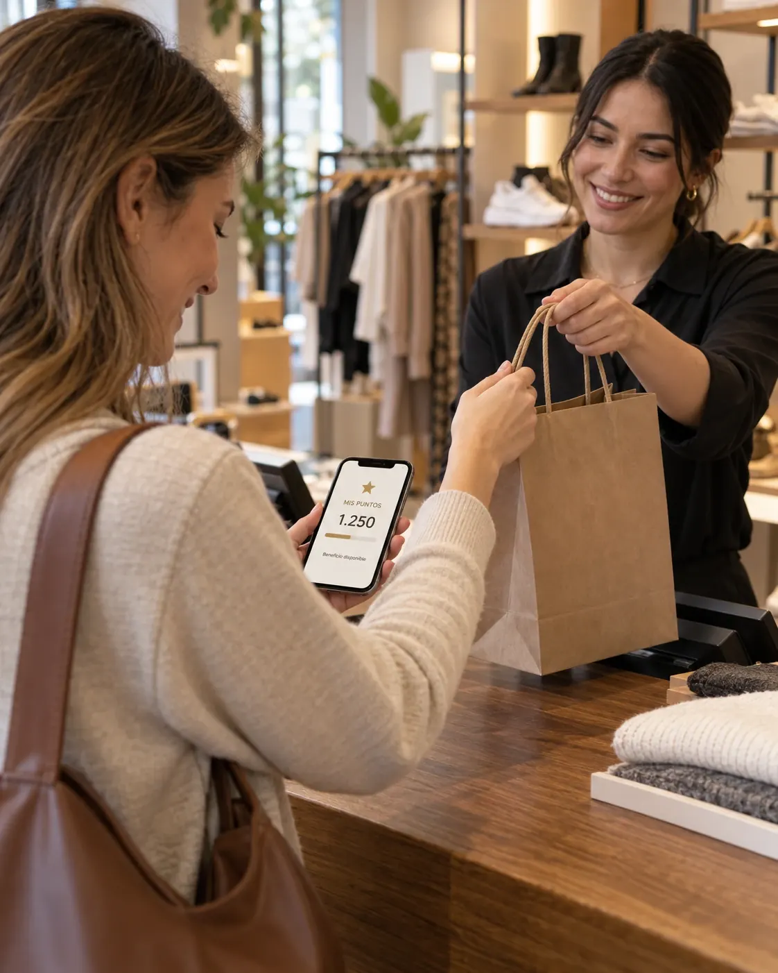 Clienta consultando sus beneficios de fidelidad mientras una asesora le entrega su compra en una boutique; escena generada con pantalla ilustrativa