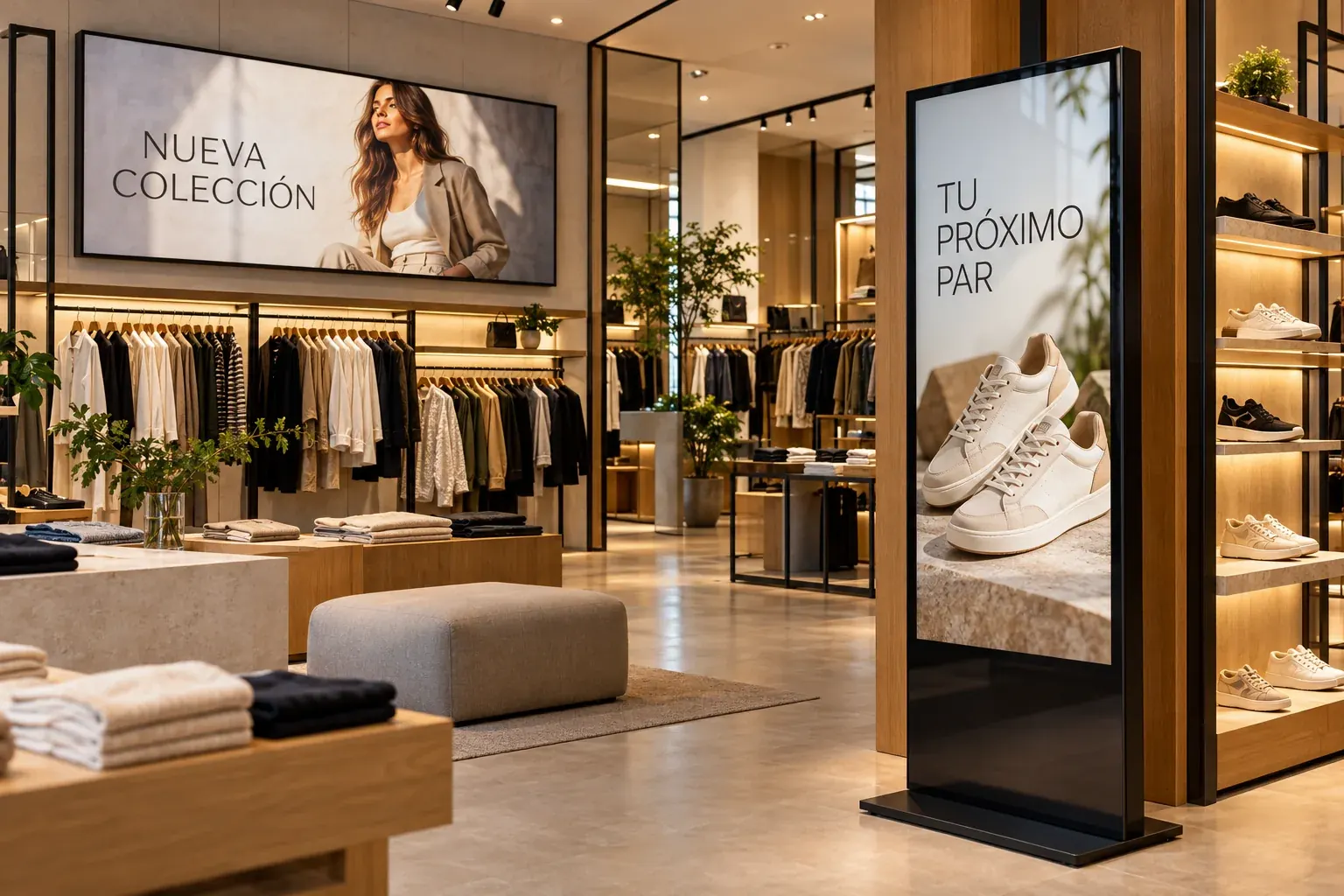 Pantallas digitales y tótem con campañas de moda y calzado en una boutique; escena ilustrativa