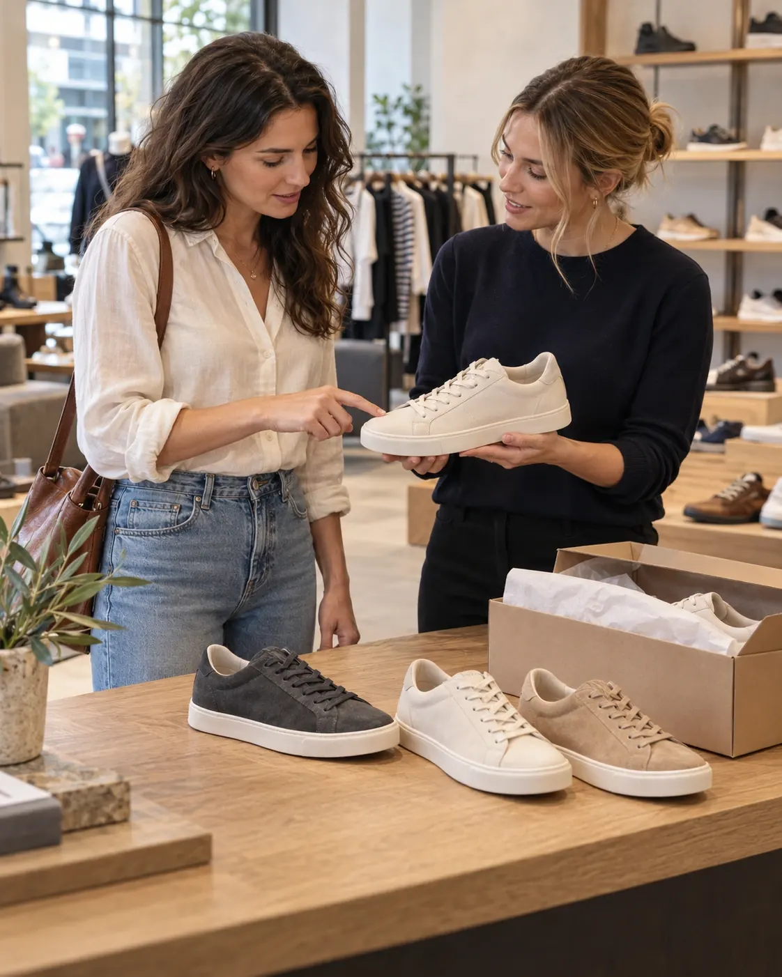 Asesora y clienta comparando un mismo modelo de calzado en distintos colores en una boutique; escena generada