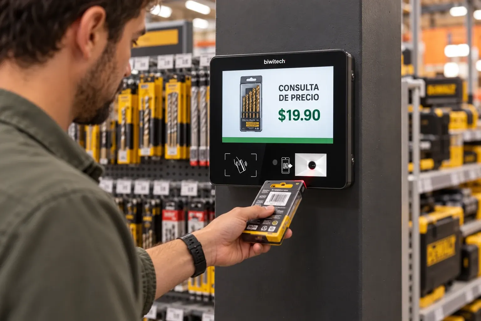 Cliente consultando un precio en un microquiosco Biwitech en una ferretería; escena generada con referencia del equipo