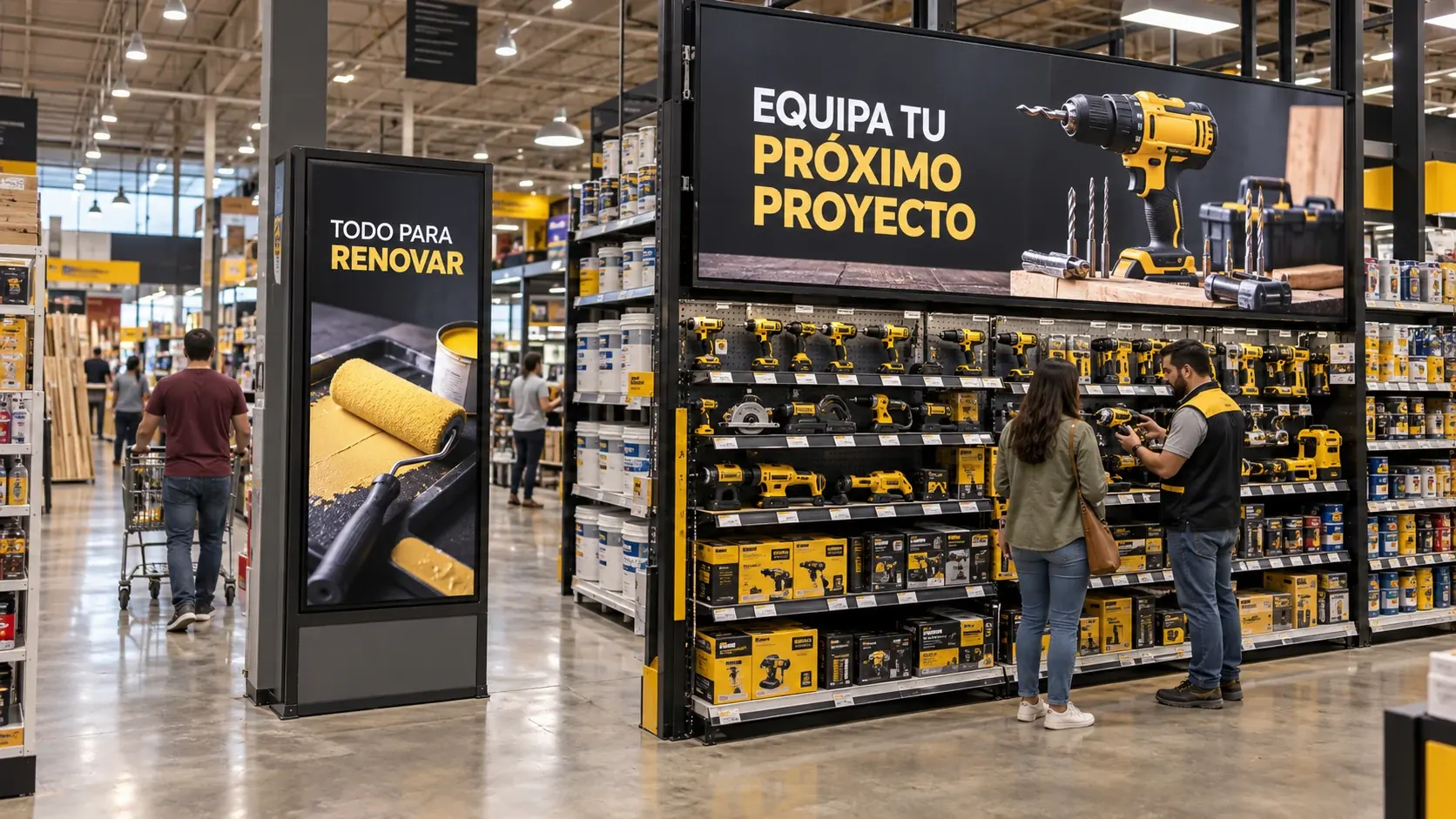 Pantallas y tótem digital con campañas de herramientas en una ferretería; escena generada