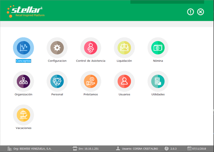 Menú original de Stellar HUMAN RESOURCES con accesos a personal, asistencia, nómina, préstamos, vacaciones y liquidación