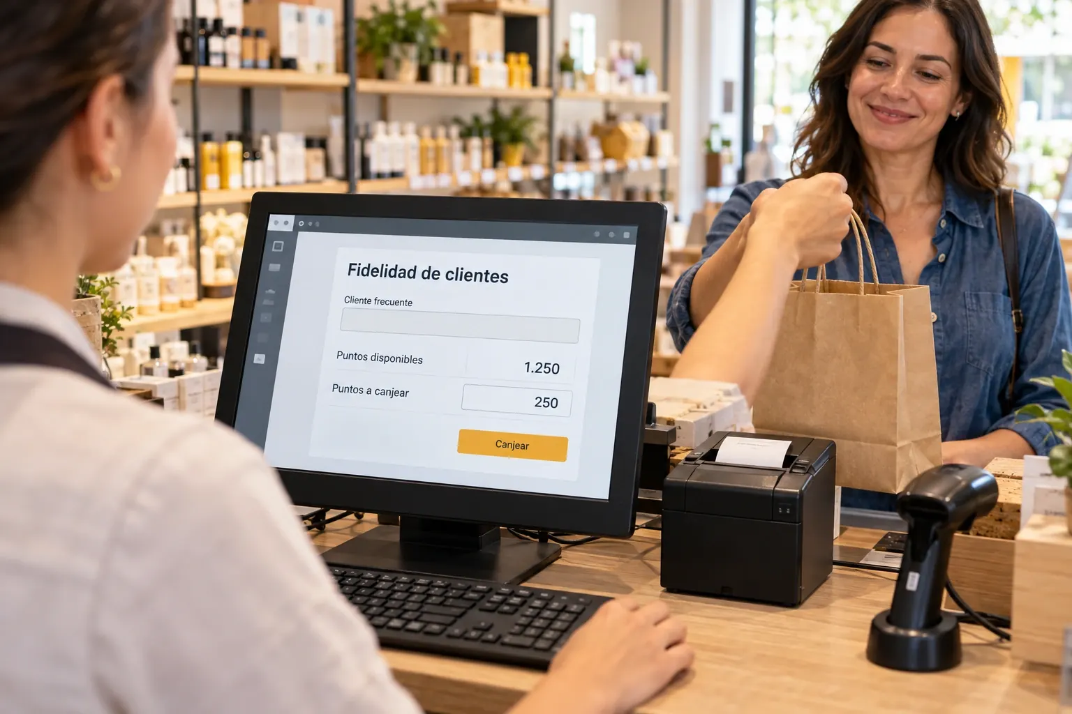 Representación fotográfica del canje de puntos en caja: terminal orientada al personal y clienta al otro lado del mostrador