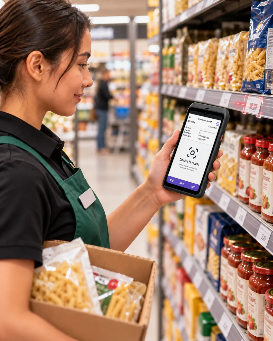 Colaboradora consultando inventario con Stellar MOBILE en una PDA frente a una estantería de productos