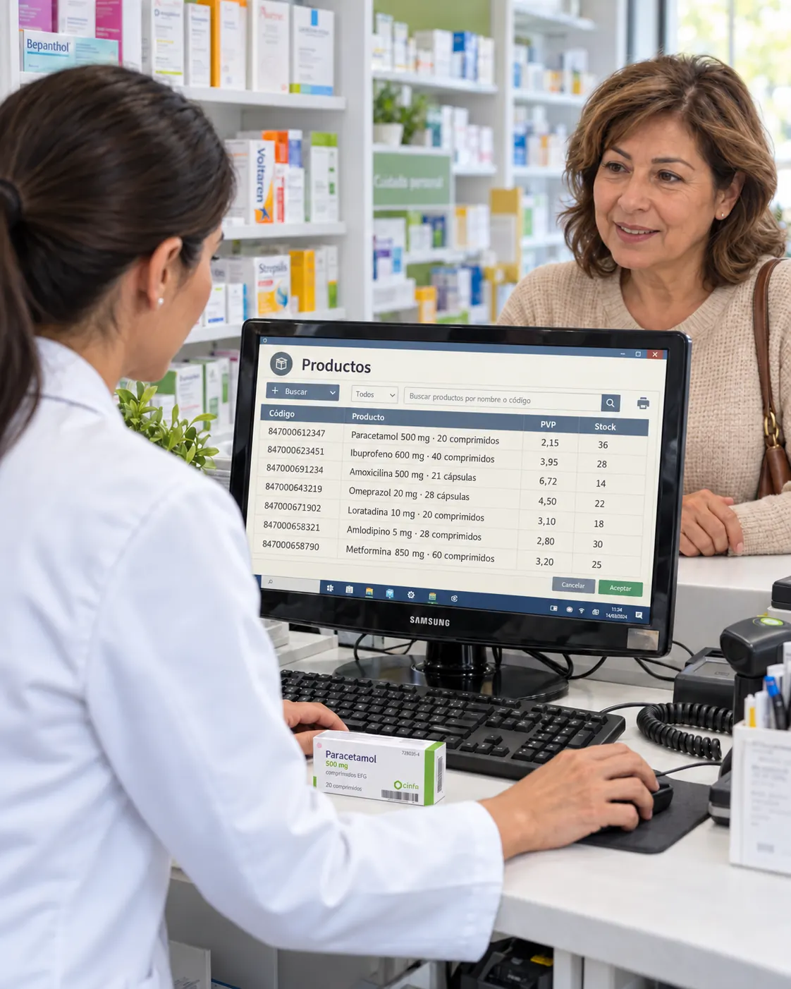 Experiencia de encontrar en una farmacia; escena generada para Stellar