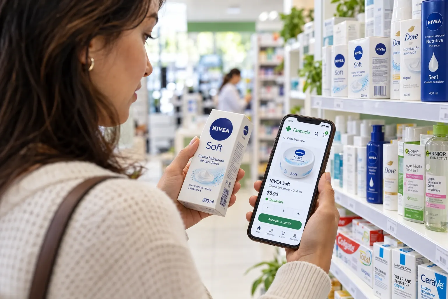 Clienta consultando cuidado personal desde su teléfono en una farmacia; escena generada