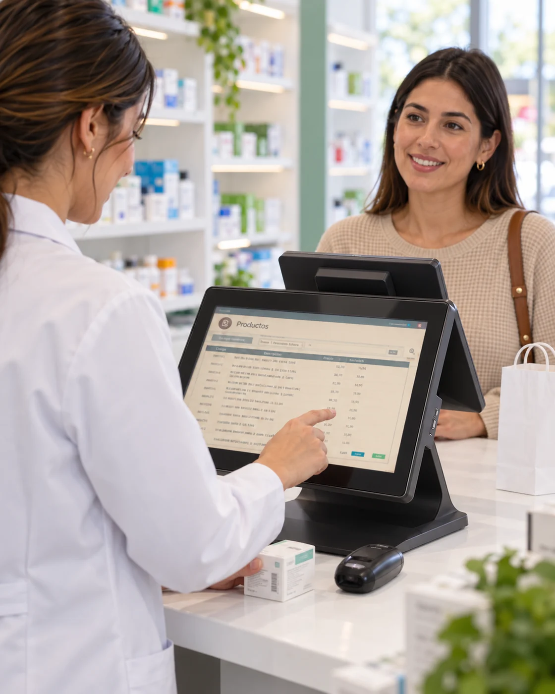 Experiencia de cobrar en una farmacia; escena generada para Stellar