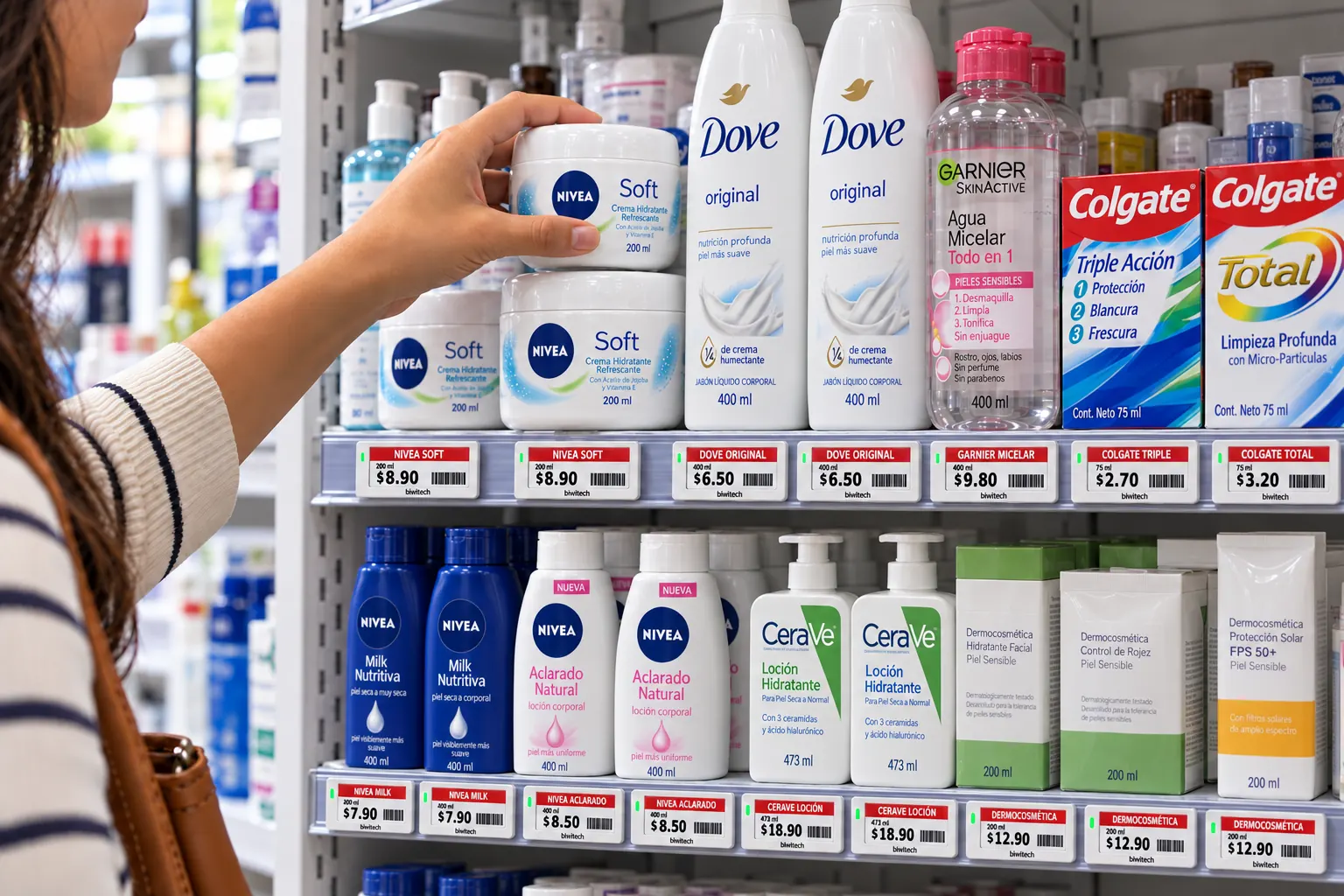 Etiquetas electrónicas compactas Biwitech de 2,1 pulgadas bajo los productos en dos estantes de farmacia; escena generada con referencia del brochure