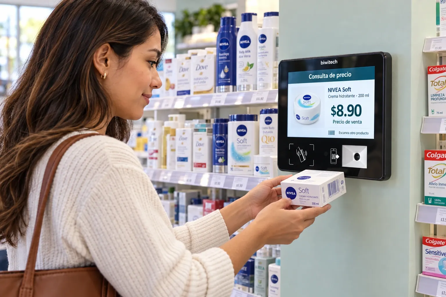 Cliente consultando un precio en un microquiosco Biwitech en una farmacia; escena generada con referencia del equipo