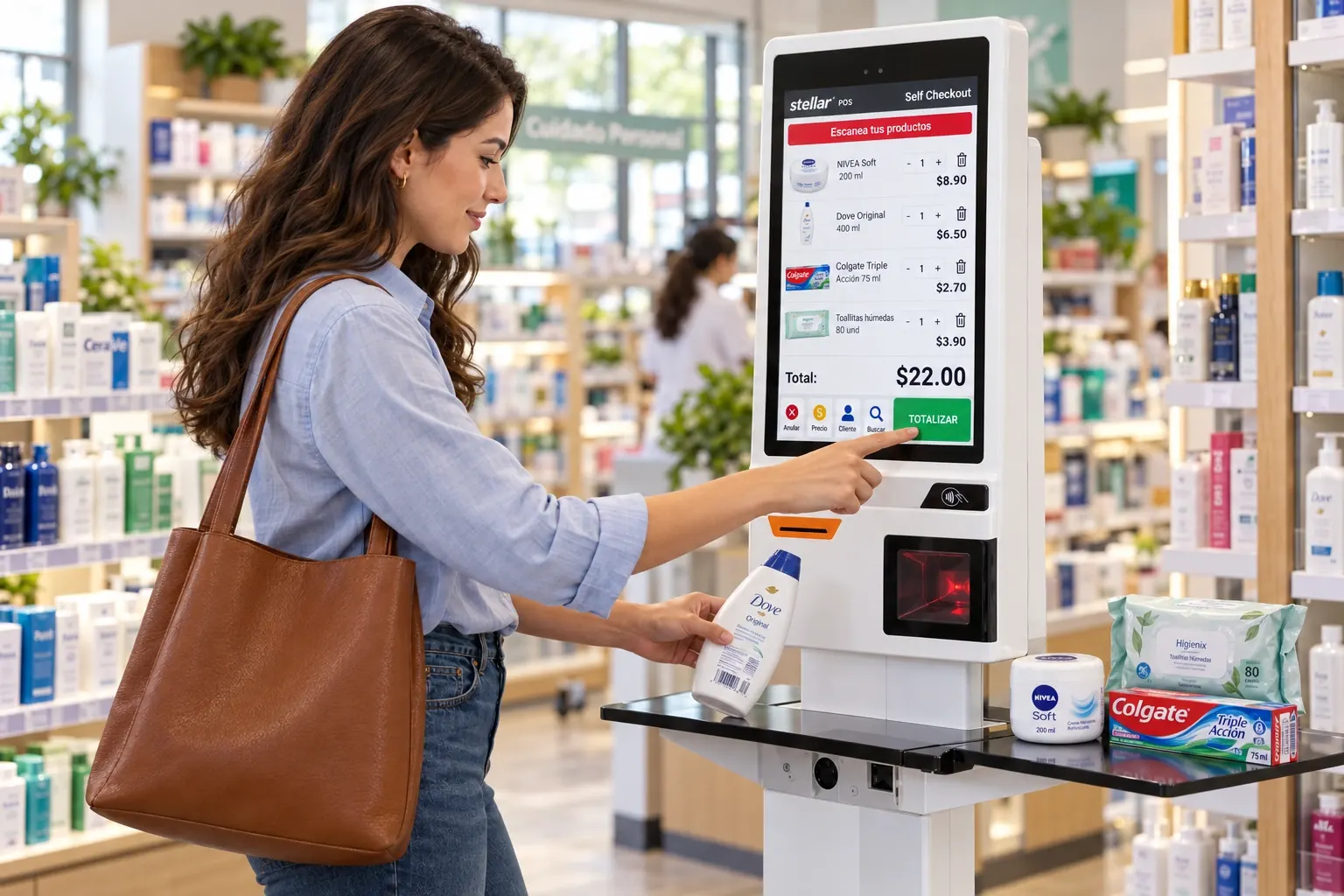 Cliente escaneando un producto de cuidado personal en una terminal de autopago de farmacia; escena generada con referencia del equipo