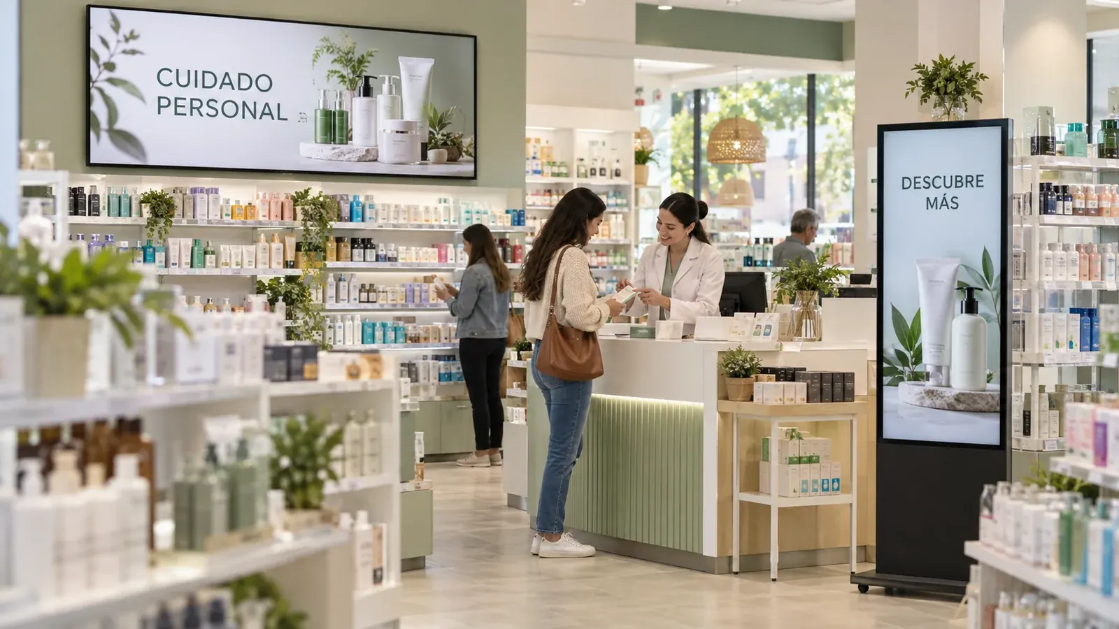 Pantallas y tótem digital con campañas de cuidado personal en una farmacia; escena generada