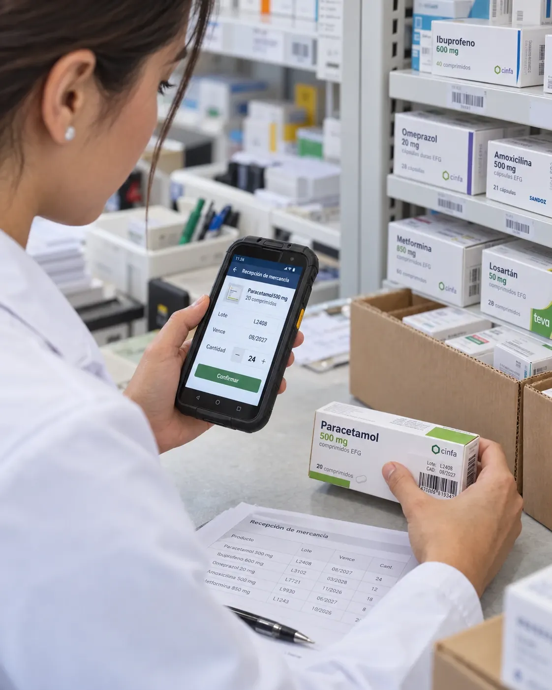 Experiencia de abastecer en una farmacia; escena generada para Stellar
