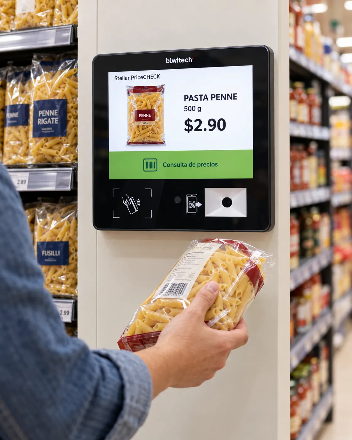 Verificador de precios Biwitech instalado en una columna de supermercado, con un cliente consultando el precio de un paquete de pasta y una pantalla representativa de Stellar PriceCHECK