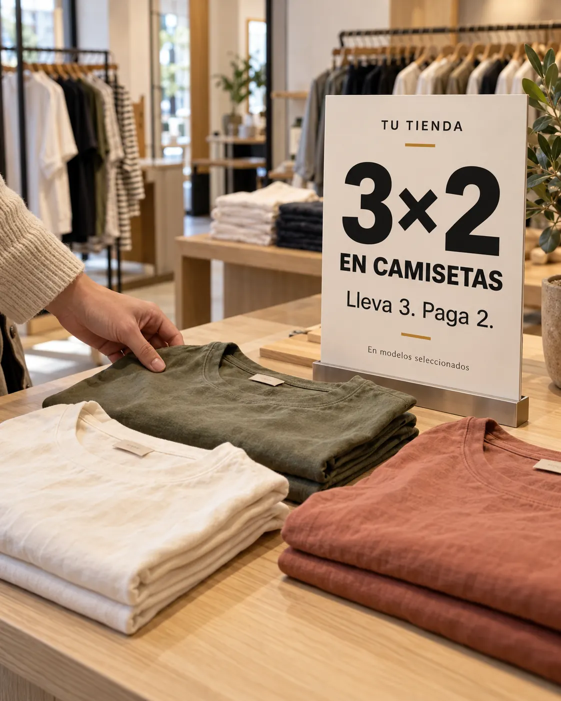 Fotografía generada de una promoción 3 por 2 en camisetas, con prendas de algodón y un cartel de la marca genérica Tu Tienda