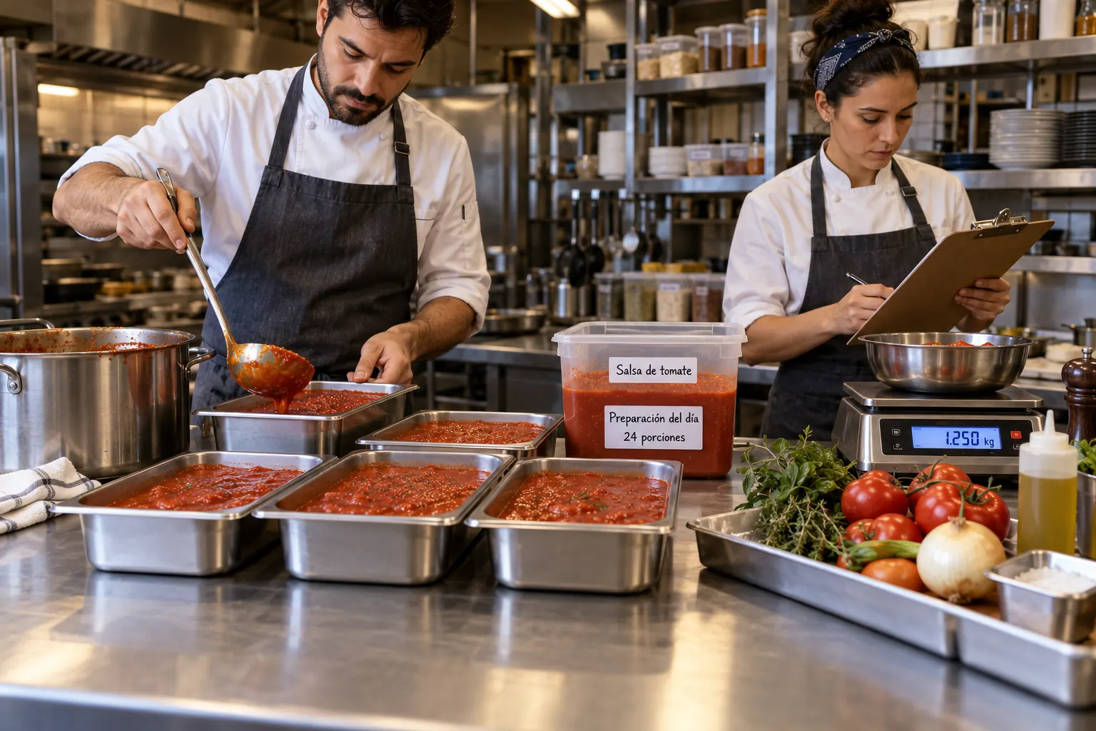 Chefs preparan y porcionan una salsa en cocina; escena generada