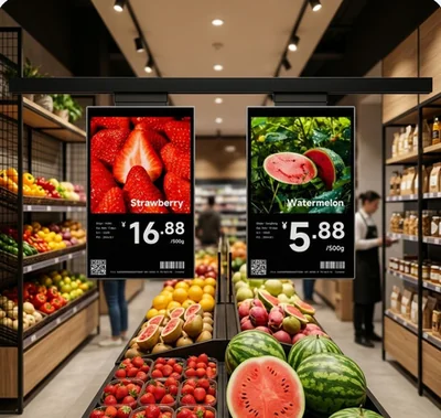 Pantallas de precios colgantes en una sección de frutas