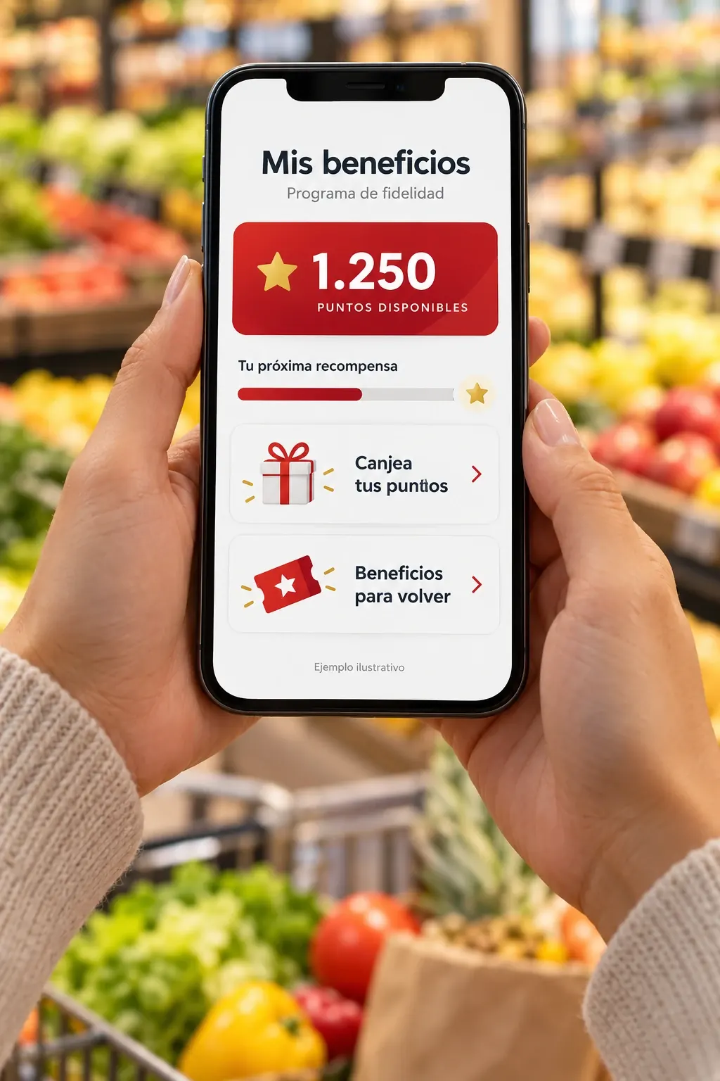 Imagen ilustrativa de fidelización: un cliente consulta puntos, premios y beneficios en una pantalla móvil dentro de un supermercado