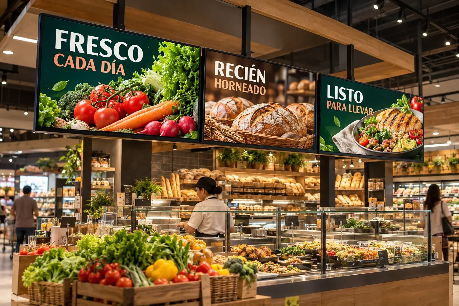 Escena ilustrativa de pantallas digitales con campañas de frescos, panadería y comidas preparadas sobre un mostrador de supermercado