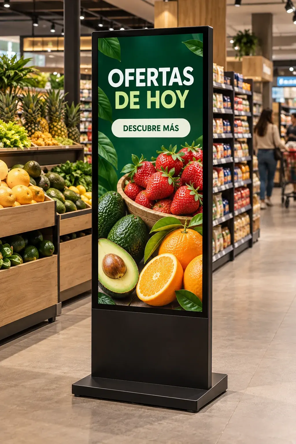 Escena ilustrativa de un tótem digital con promociones junto a un pasillo de supermercado